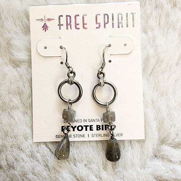 NEW Peyote Bird Sterling Silver Earrings with Gray Quartz Labradorite Gemstones - Picture 1 of 9